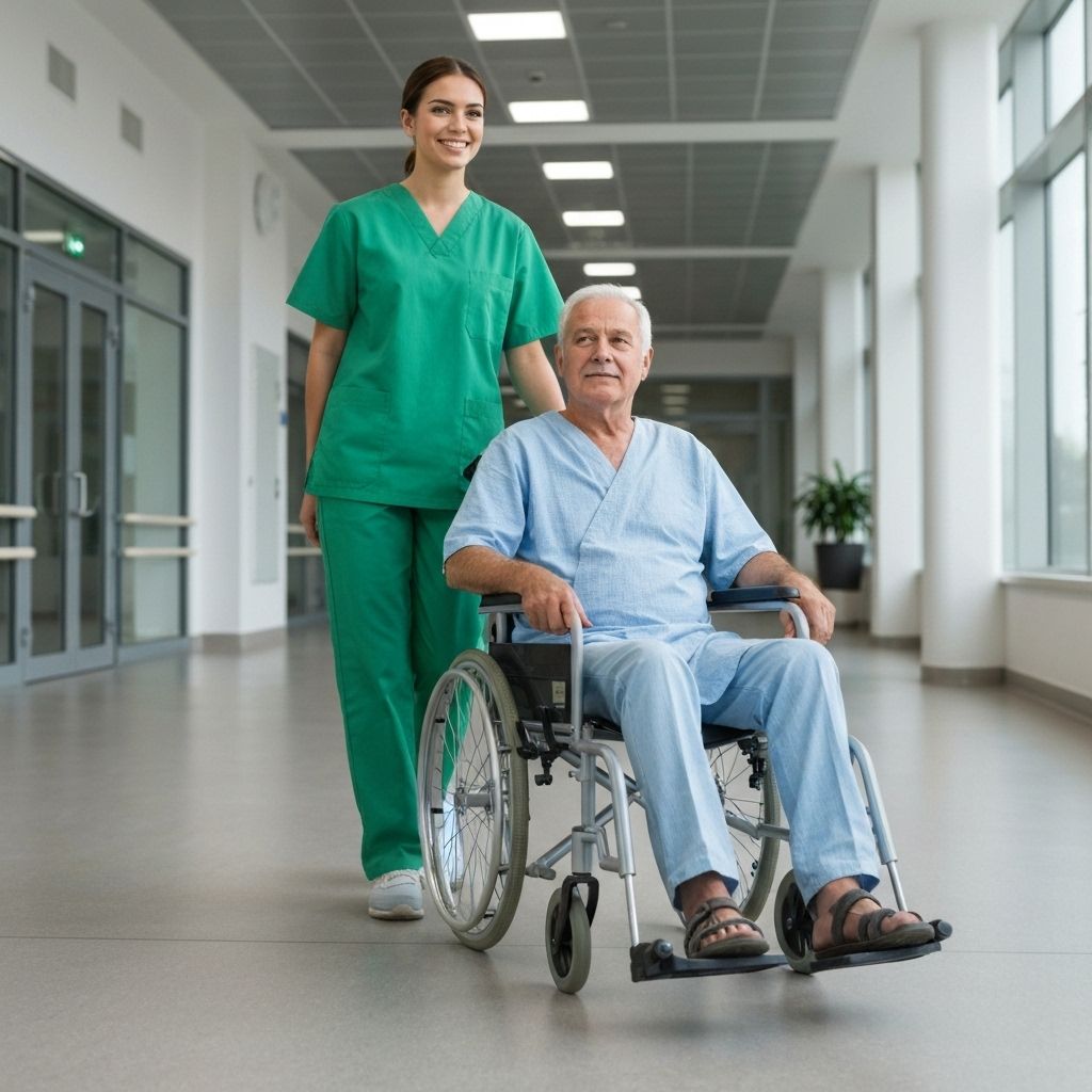 Professional hospital assistant helping patient